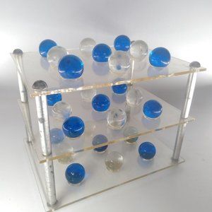 Vintage, Tri Tac Toe, 3D Strategy Game 28-1" Glass Marbles Clear & Cobalt Blue